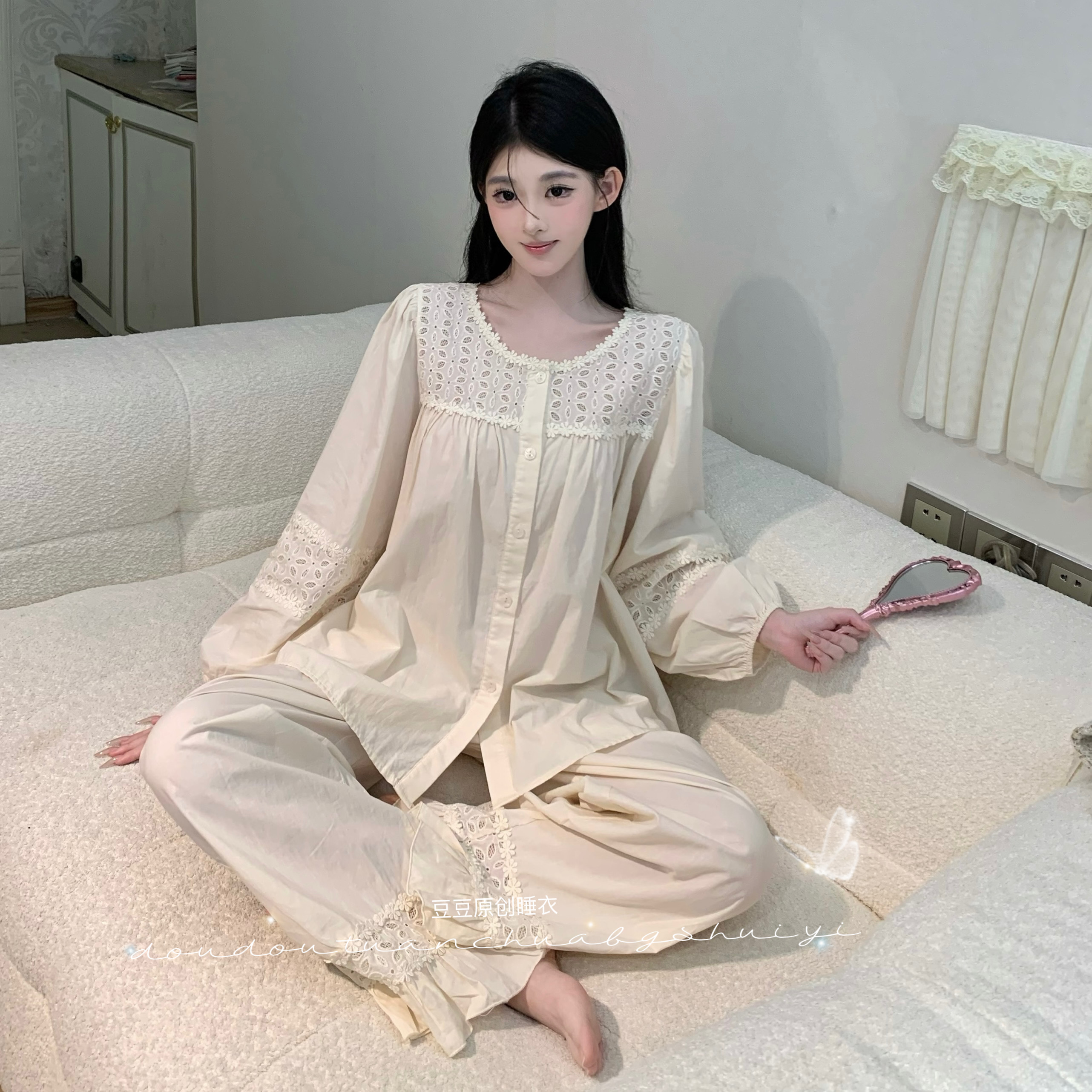 1豆【秋日芙蕾】纯欲长袖套装显白显瘦显瘦春秋家居服睡衣女