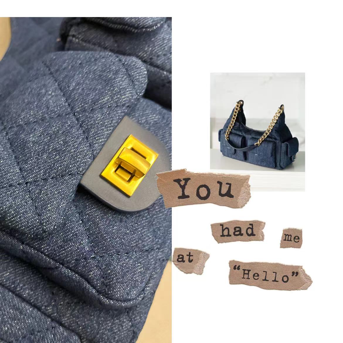 2025春新款菱格牛仔小香风链条嬉皮牛仔包hobo