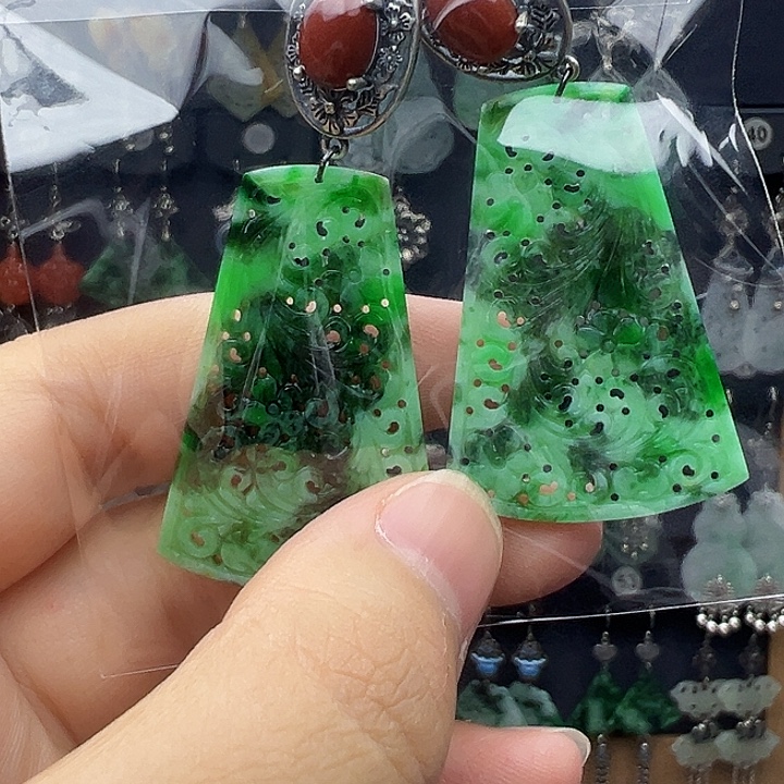 简***美翡翠银S925镶嵌耳饰