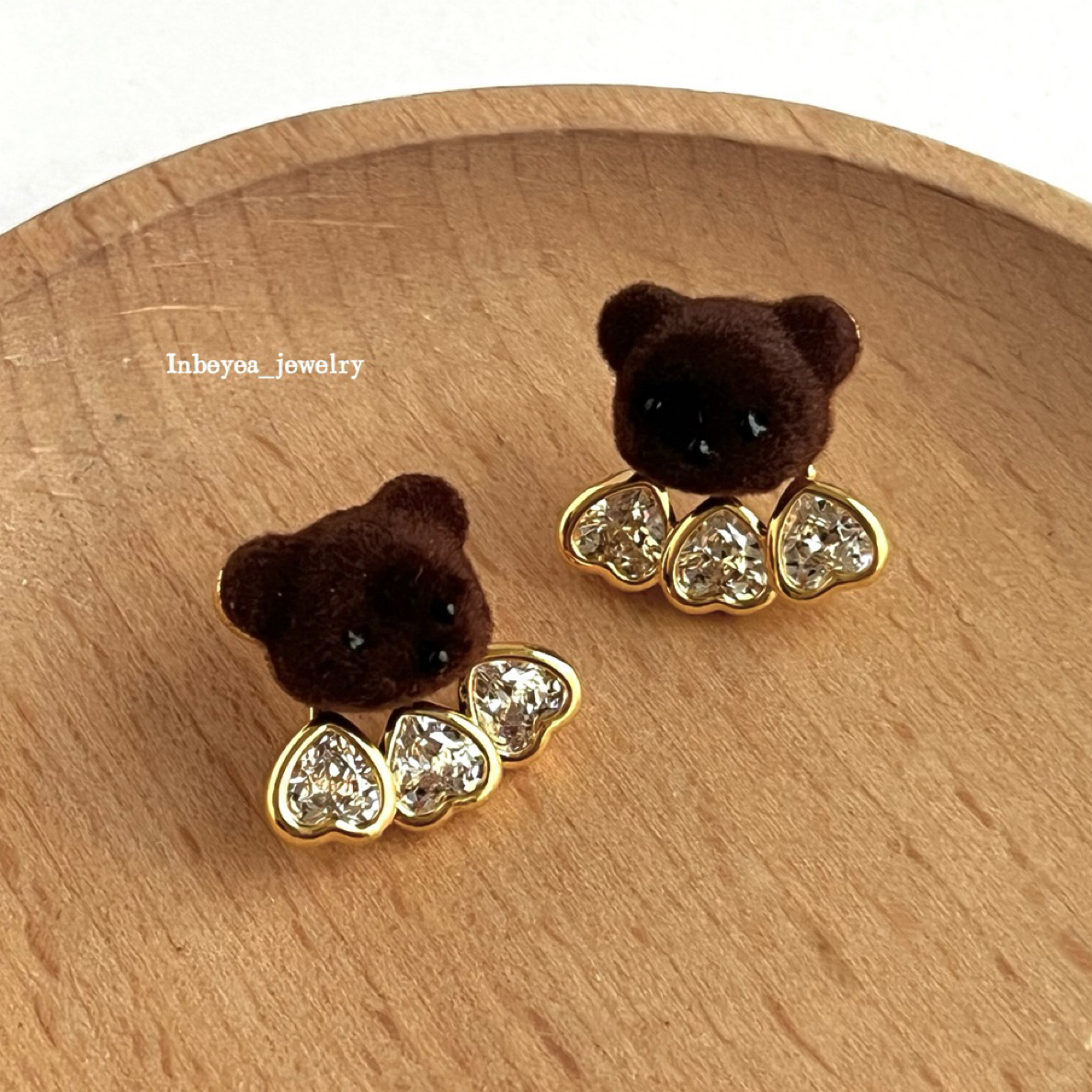 铜合金耳饰 小熊爱心耳钉 深棕色 15467