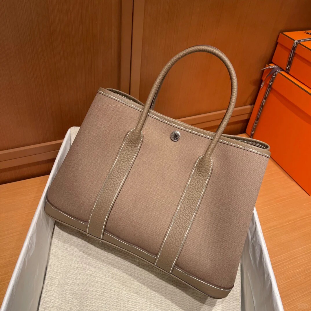 99新 Hermes/爱马仕 小花Jerry花园包 30 18大象灰 帆布 D刻 银扣
