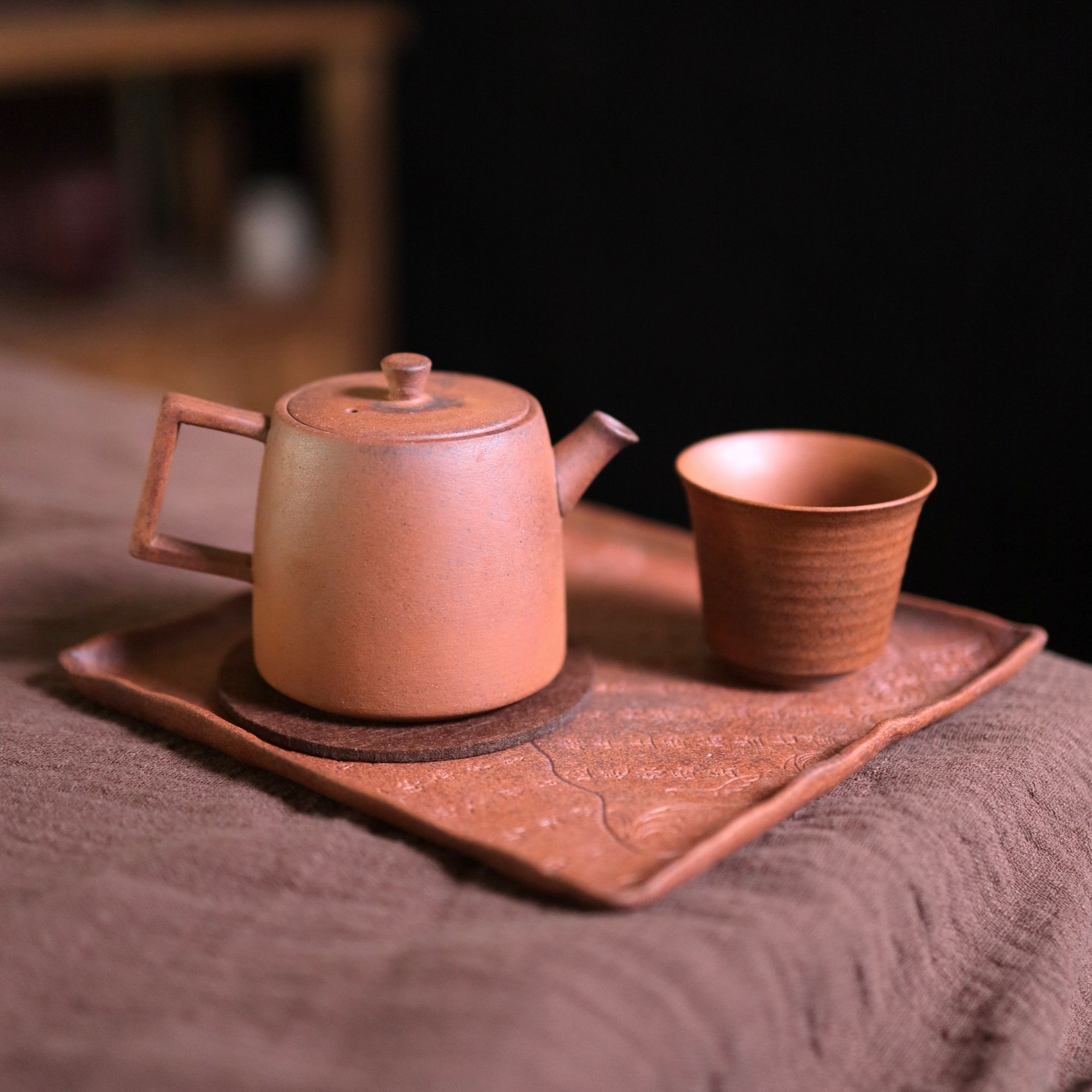 【老岩泥】粗陶将军壶三件套.1666.中式复古茶器.BL