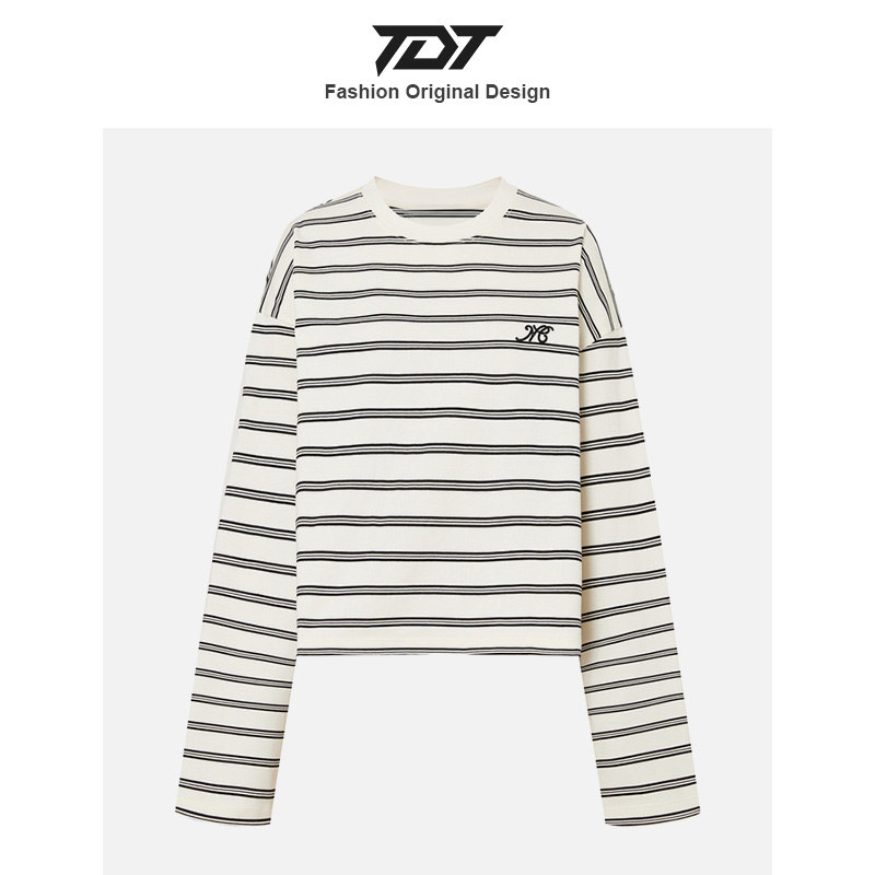 「TDT」经典撞色条纹长袖T恤女2025秋季新款落肩袖圆领休闲宽松上衣
