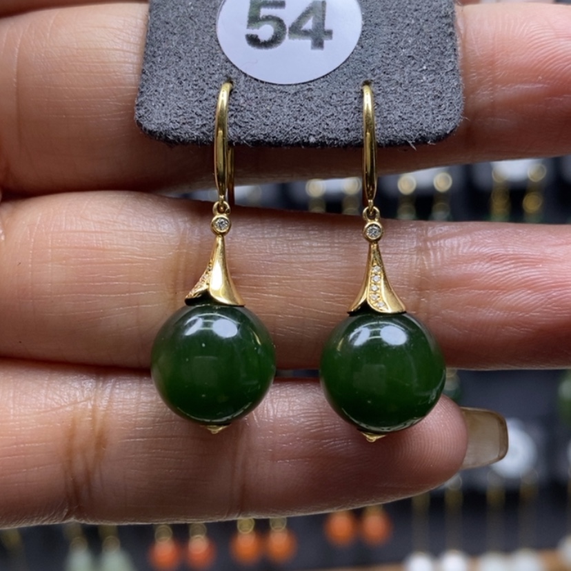 【闪购商品】和田玉耳饰18K金镶嵌11.8mm圆珠重金耳饰