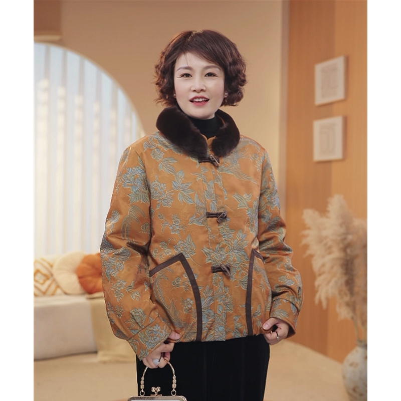 【90白鸭绒】妈妈装冬季羽绒服国风中式中老年兔毛保暖羽绒外套8476