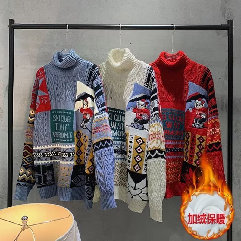 港风刺绣小熊拼色高领加绒超厚毛衣设计感复古宽松ins情侣针织衫