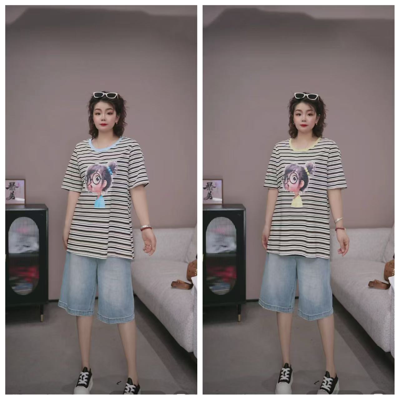 品牌【女孩彩条纹短袖T恤】PQD 25068【No退换】瑕疵品
