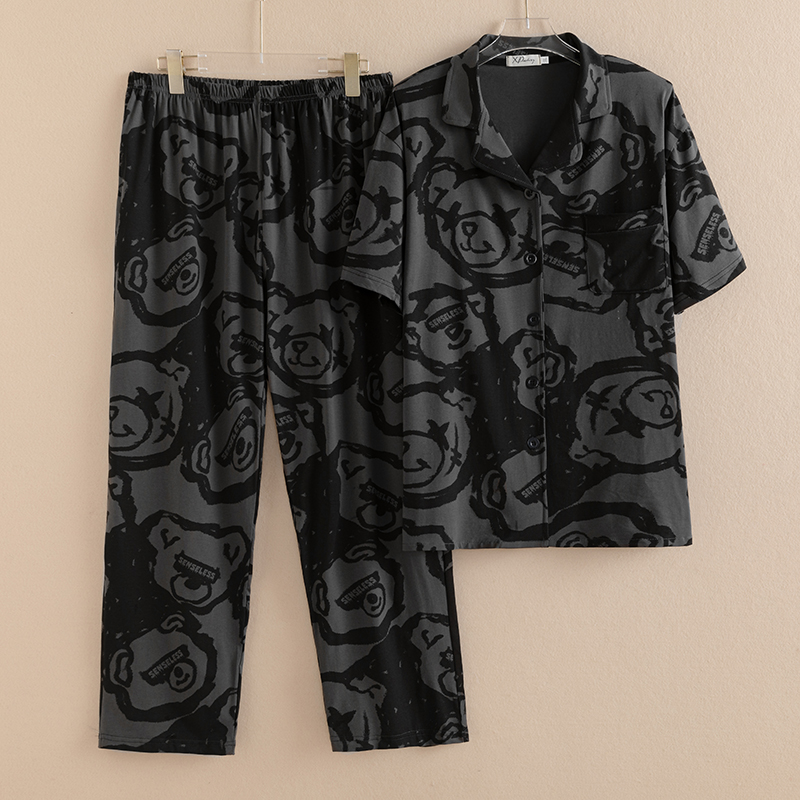 小胖【针织棉】大码宽松短袖长裤小熊款睡衣家居服男女可穿情侣套装
