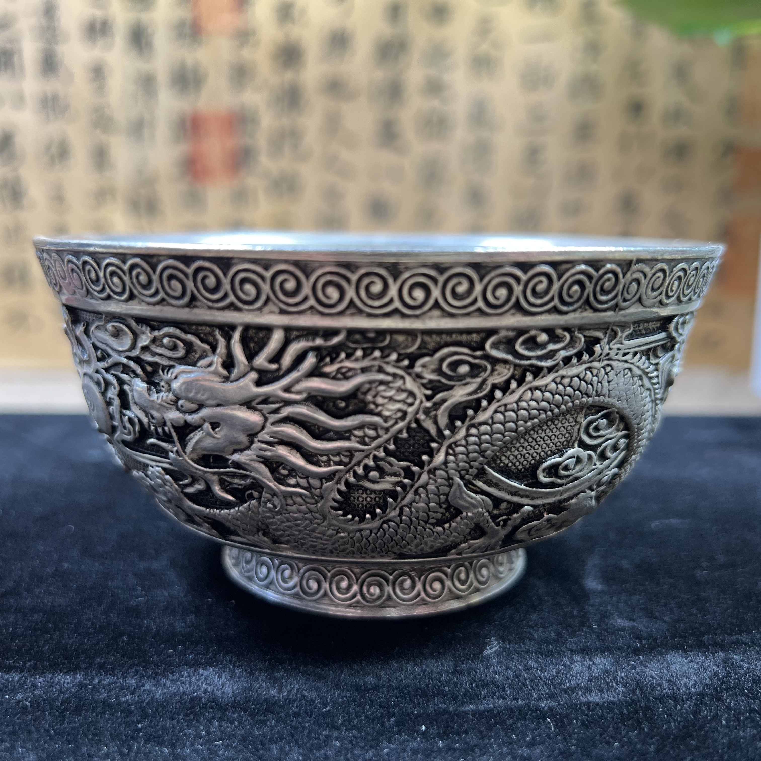 家居饰品现代工艺品DX07精美摆件当代复古摆件银白色双龙戏珠碗