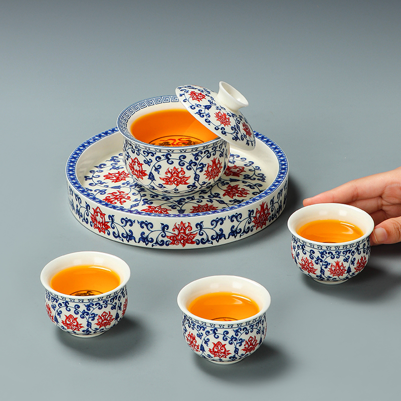 青花釉里红缠枝莲高温茶具家用泡茶功夫茶具可悬停旋转三才盖碗