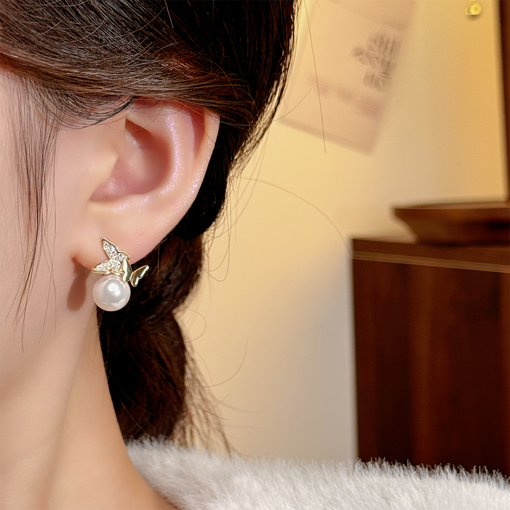 925银针 R123蝴蝶镶钻珠子耳钉气质新款轻奢时尚小众高级感
