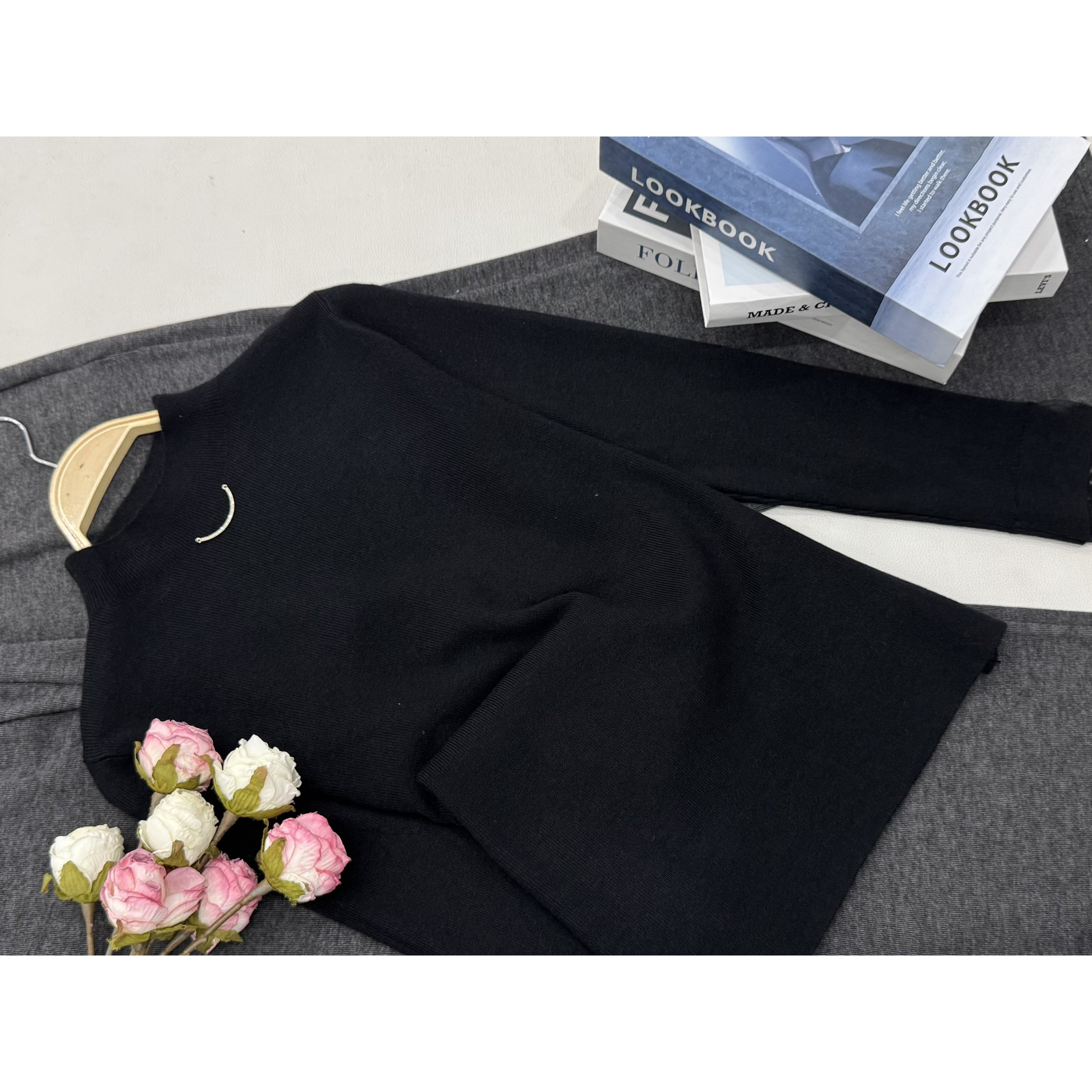 【黑色蕾丝袖套头】早秋新款时尚长袖针织上衣QC5829