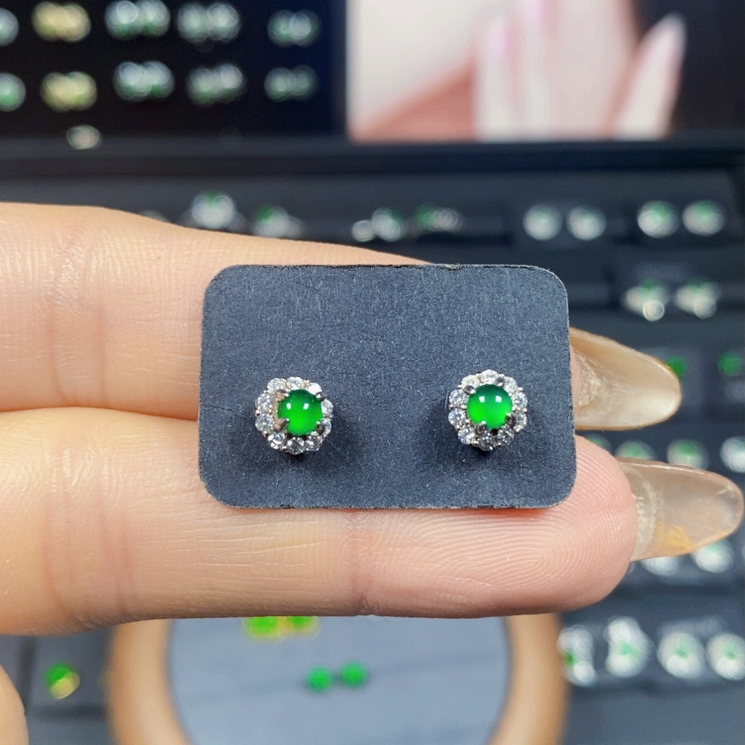 翡翠耳饰银S925镶嵌天然翡翠卡3.5