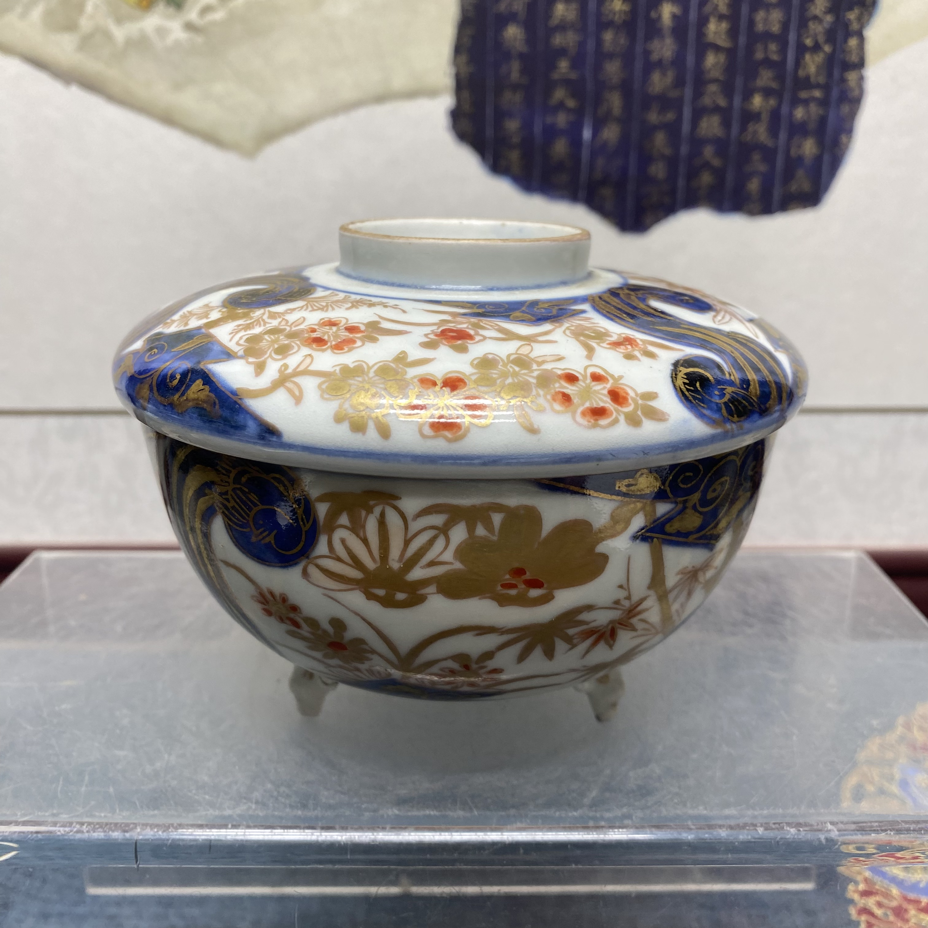 民国青花矾红描金三足盖碗59/古玩/收藏/KC20241216009