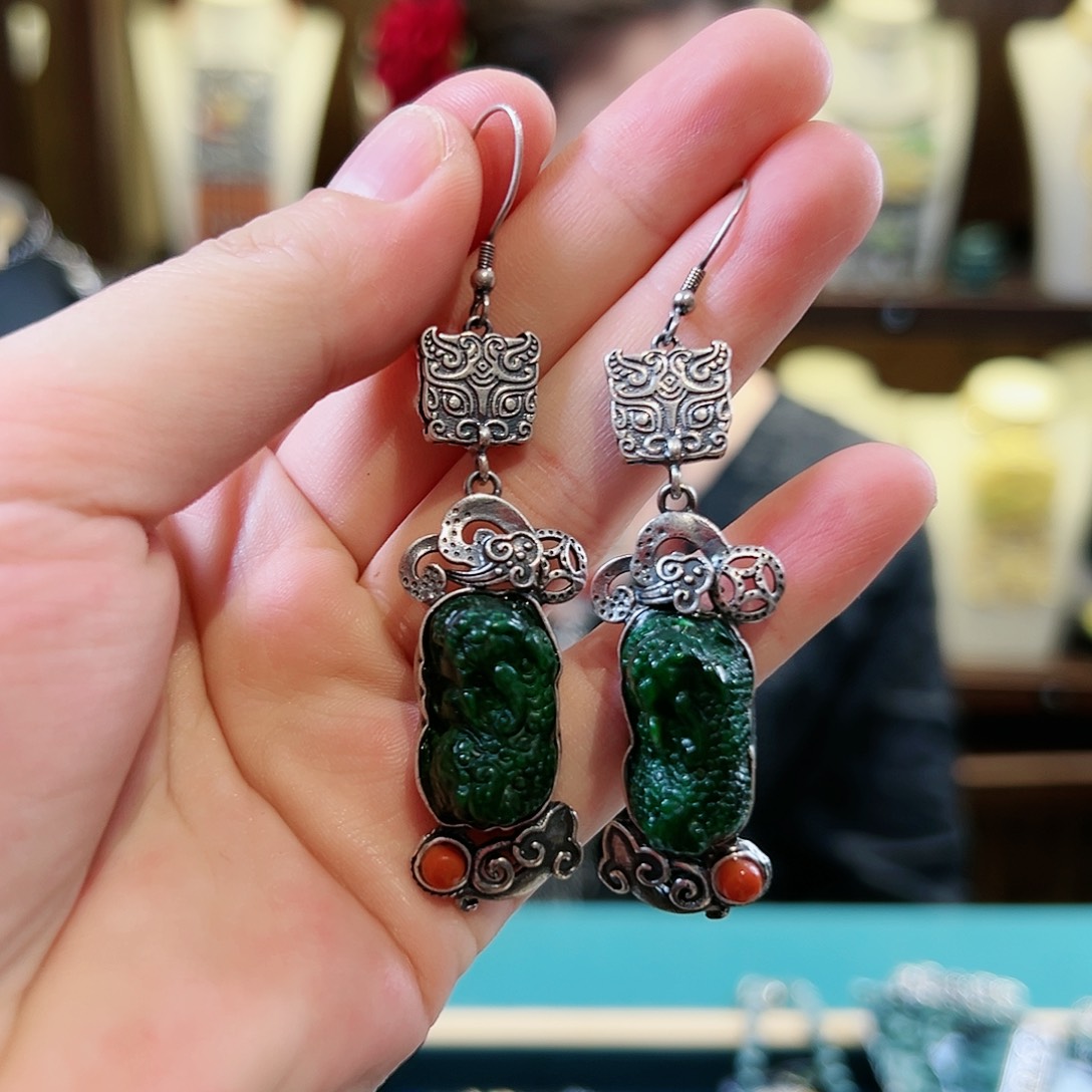 翡翠银S925镶嵌耳饰耳环