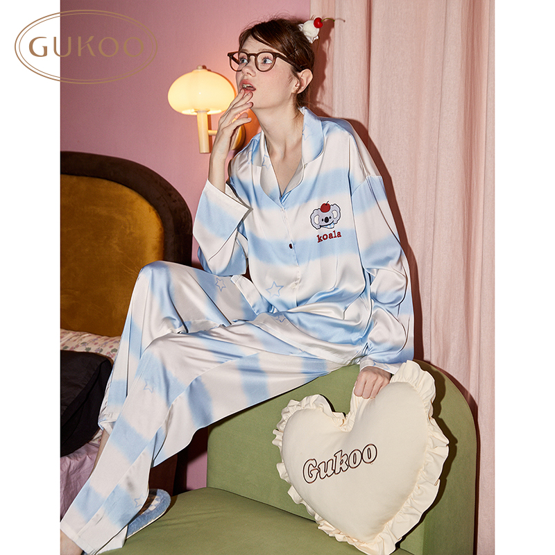 Gukoo/果壳考拉可爱蓝白条纹女款长袖休闲女睡衣可外穿家居服套装