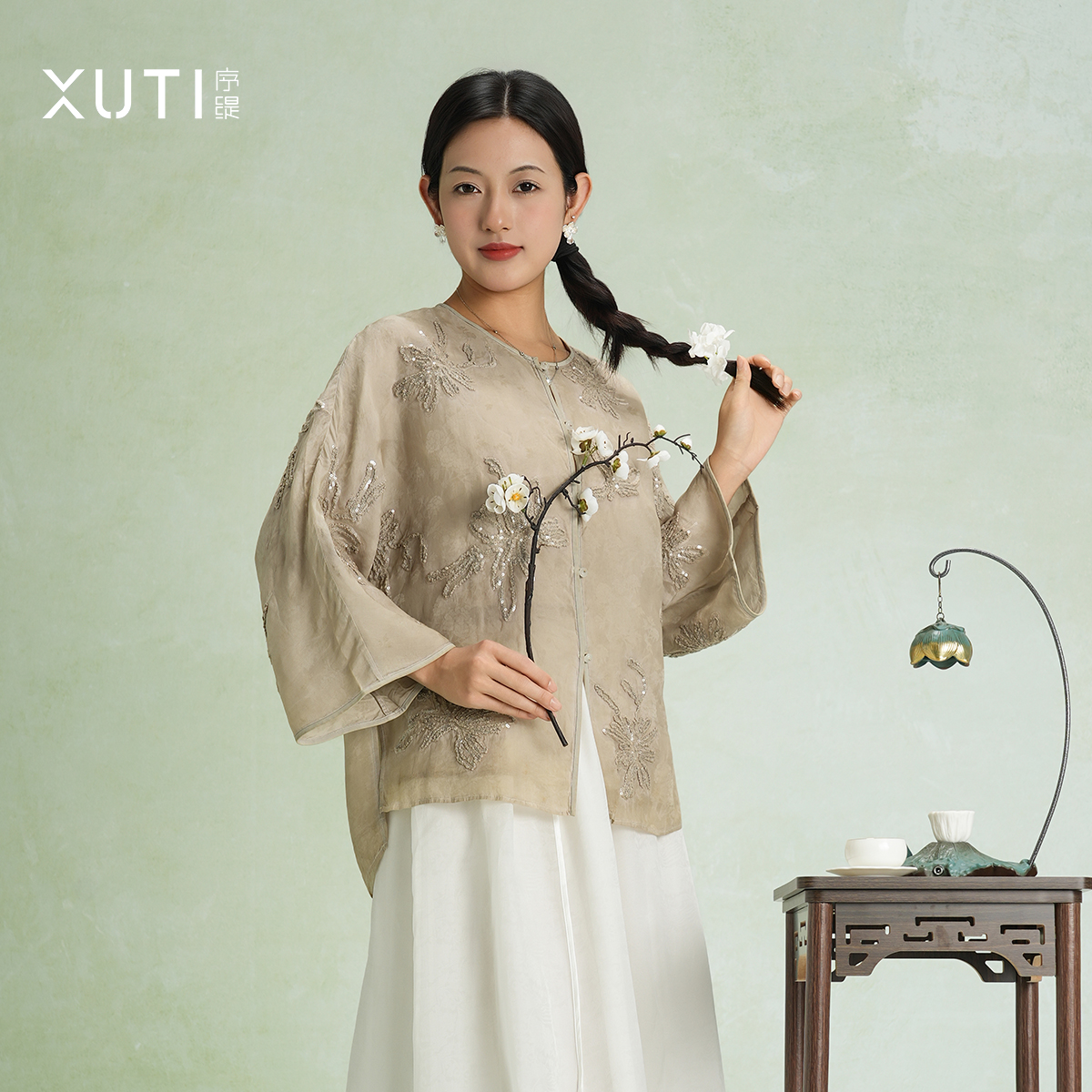 序缇春夏新款国风新中式桑蚕丝长袖上衣女宽松外套H17-10679