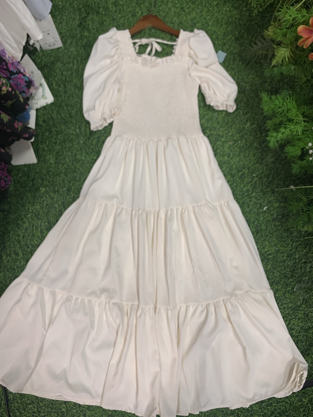 【纯纯米白】法式优雅气质荷叶边一字肩收腰显瘦长裙沙滩裙连衣裙  