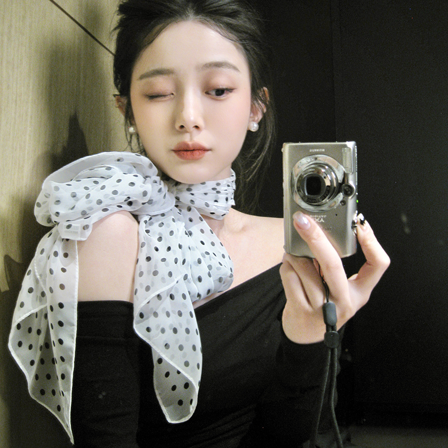 韩版黑白波点丝巾领巾女2025百搭新款高级感系脖长款飘带颈部配饰