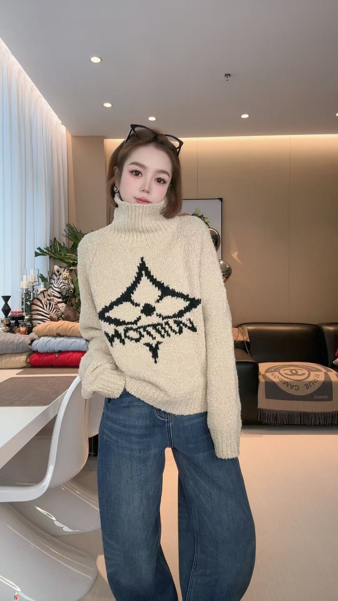 【四叶草高领】冬季新款针织套头高领长袖宽松百搭毛衣双面提花毛衣