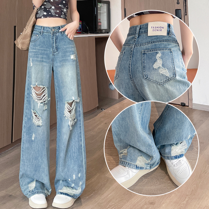 蜜蜜穿搭超火破洞阔腿牛仔裤女士2025夏季薄款宽松小个子拖地裤子