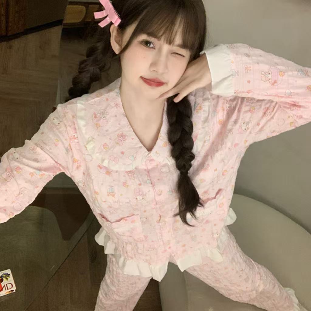 美乐蒂娃娃领卡通睡衣家居服套装带胸垫