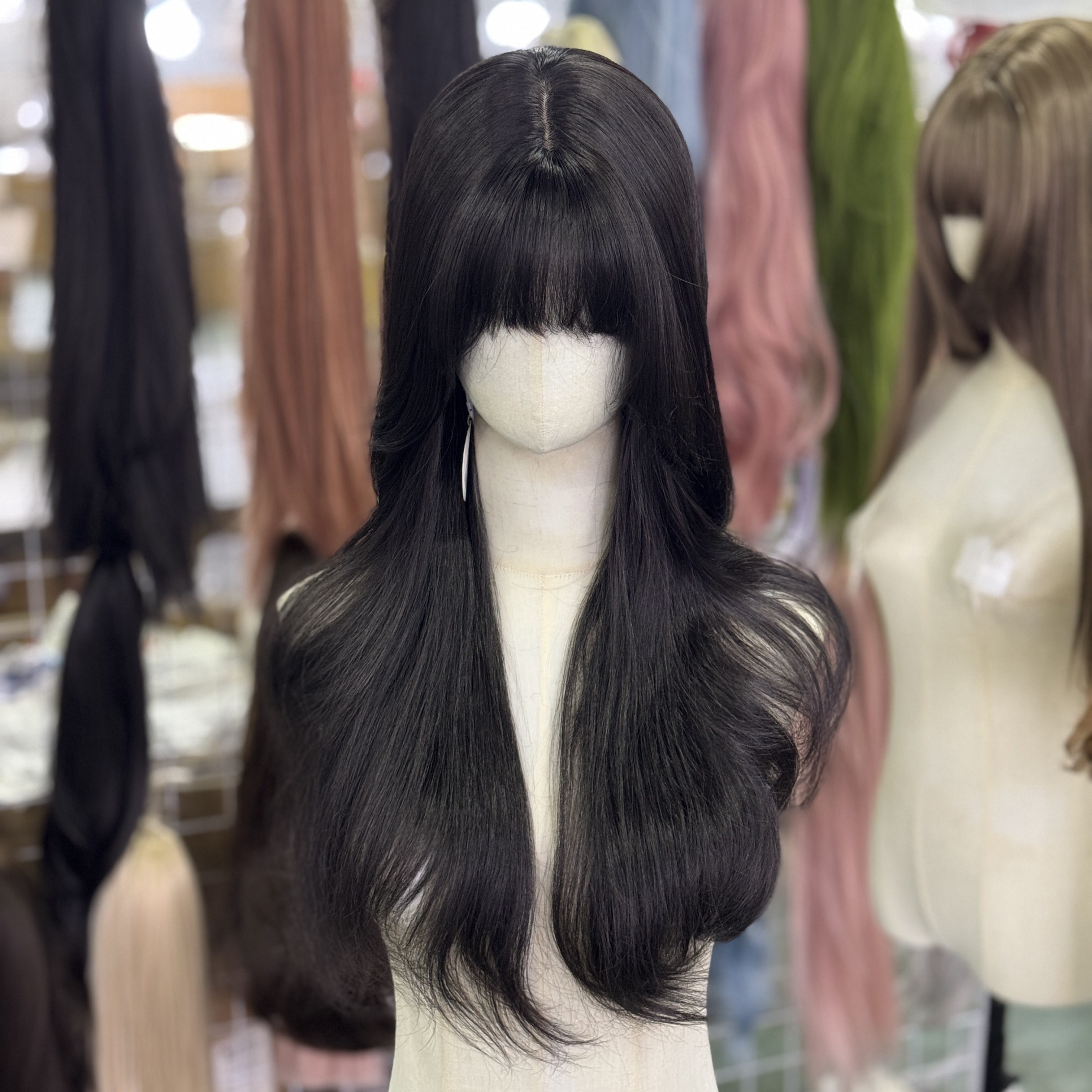 女款全头套黑茶色齐刘海大波浪长卷发真自然氛围感假发