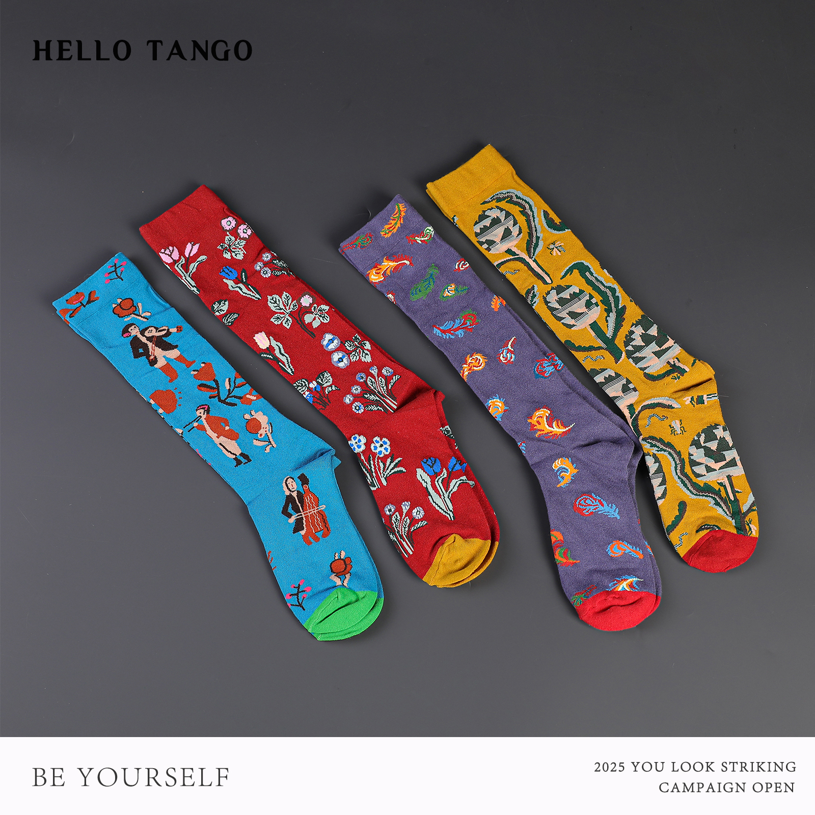 HELLOTANGO中古趣味古着风撞色满印高筒袜