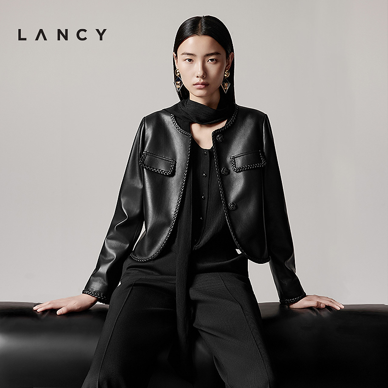 LANCY/朗姿2025年秋季新款高端气质羊皮革短款皮衣外套女黑色上衣