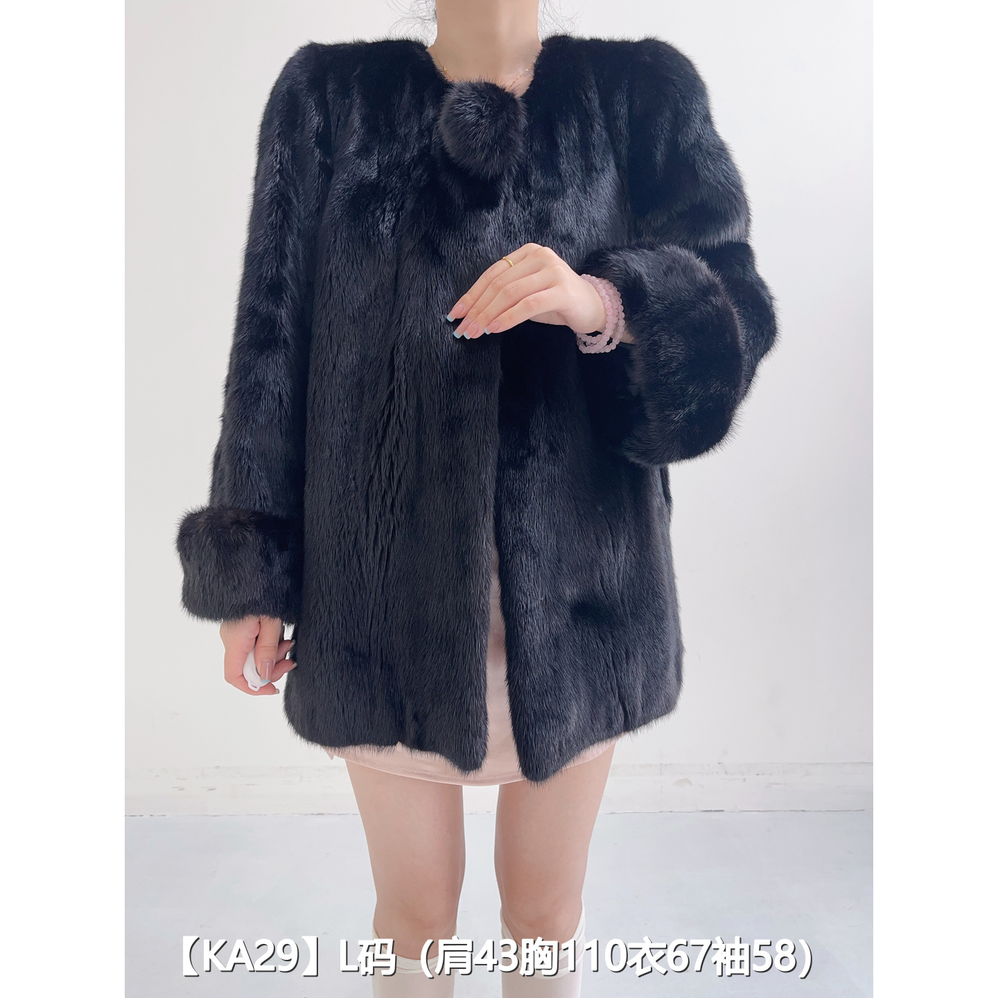 【KA29】L 本黑色短款全抽貂皮水貂外套女 圆领挽袖 25029