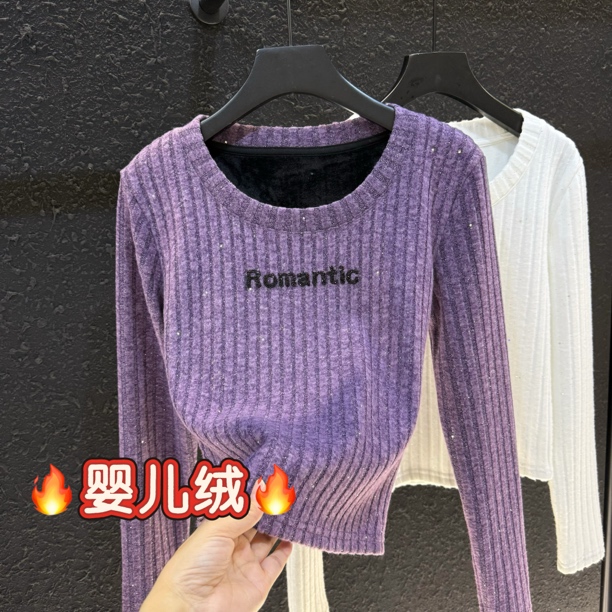 重工烫钻字母加绒打底衫冬季修身打底内搭长袖上衣显瘦T恤8065#