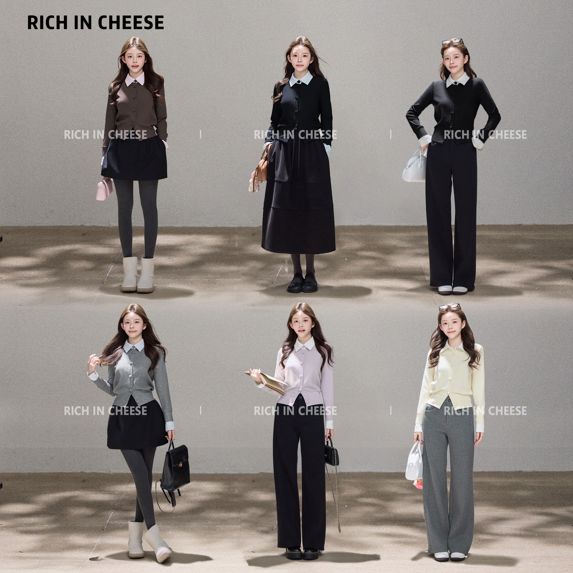 金川川 青藤学院 秋冬撞色翻领拼接假两件学院风长袖针织上衣