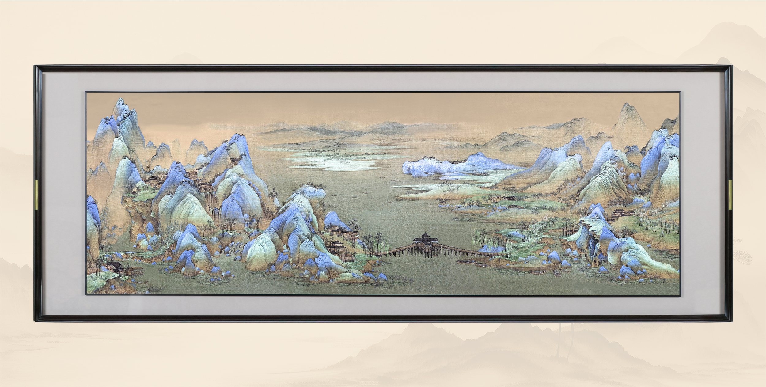 铜小鸭《千里江山》手工铜板雕刻新中式客厅沙发办公千里江山图挂画