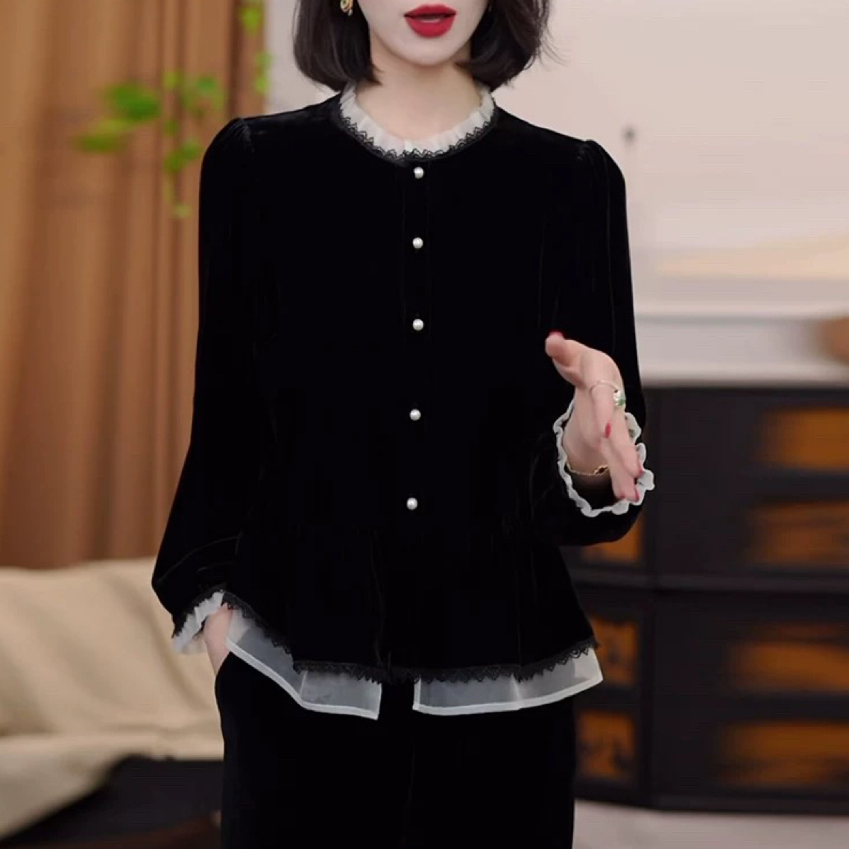 秋季女士假两件撞色拼接丝绒长袖衬衫外套