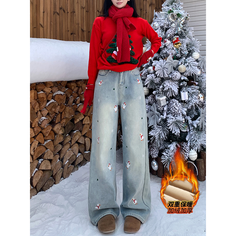 圣诞鸭子加绒阔腿牛仔裤女2025冬季新款高腰宽松垂感慵懒堆堆长裤