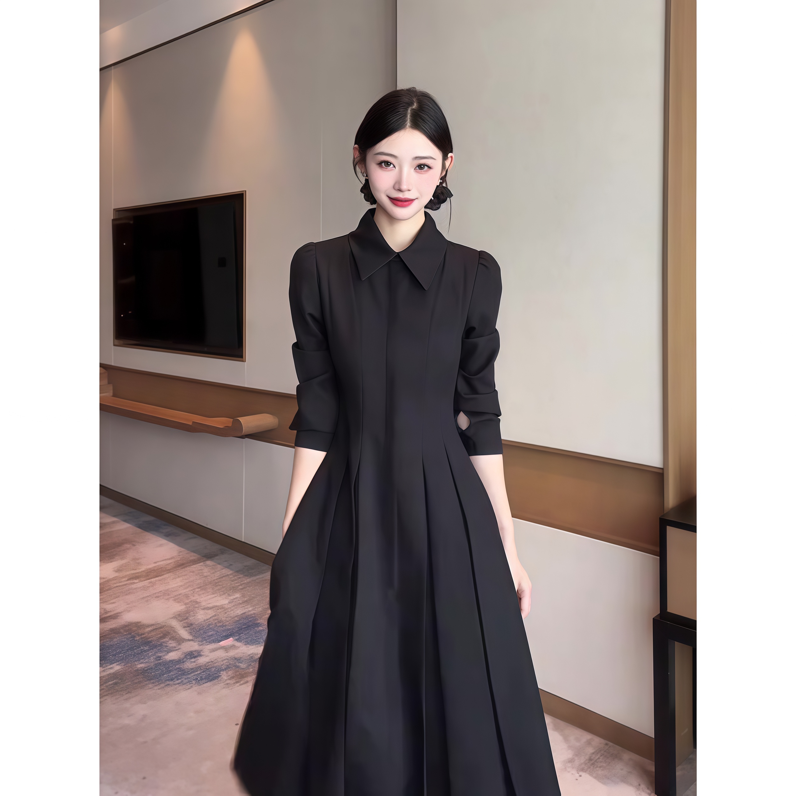 法式赫本风翻领衬衫连衣裙女2025秋季新款辣妹复古收腰显瘦气质裙