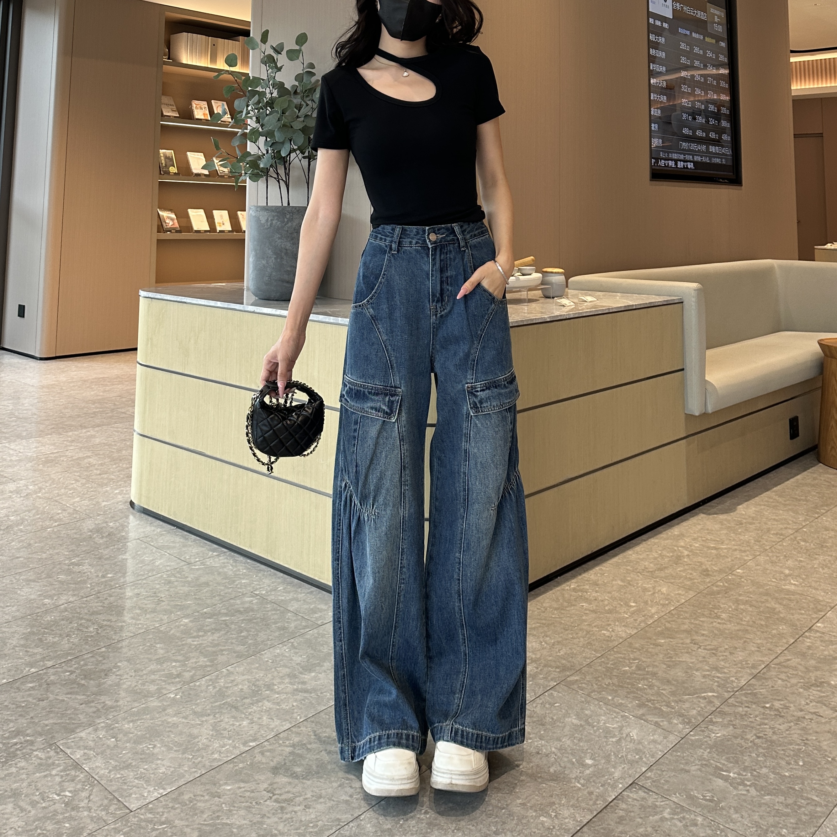 7600 W复古高腰工装牛仔裤女2025新款秋季宽松百搭直筒裤子