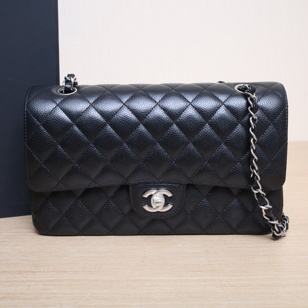 99新 Chanel/香奈儿 小花柳 CF 口盖包 中号 黑色 31开 银扣