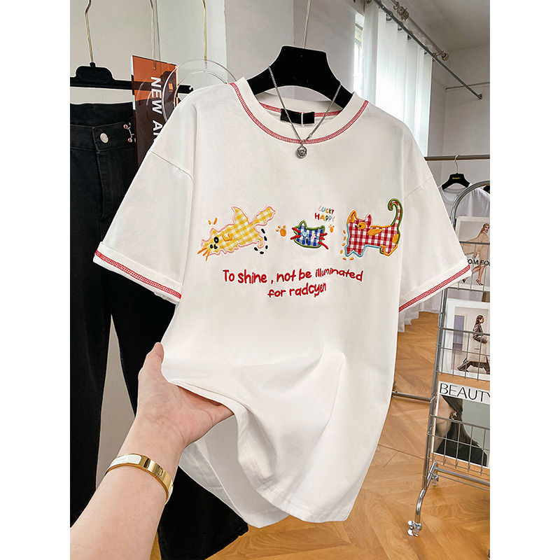 宽松纯棉短袖t恤女2025新款夏季刺绣休闲别致大码遮肚半袖上衣ins
