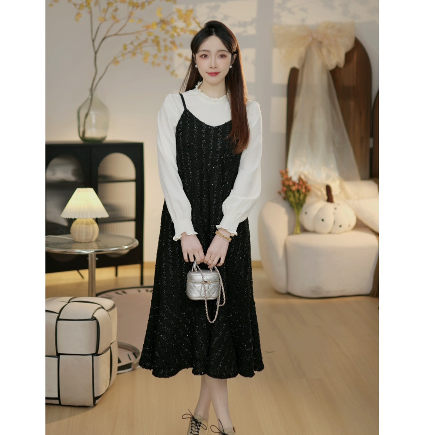 【星空梦幻C】春季新款高级感两件套收腰显瘦小香风亮片吊带裙