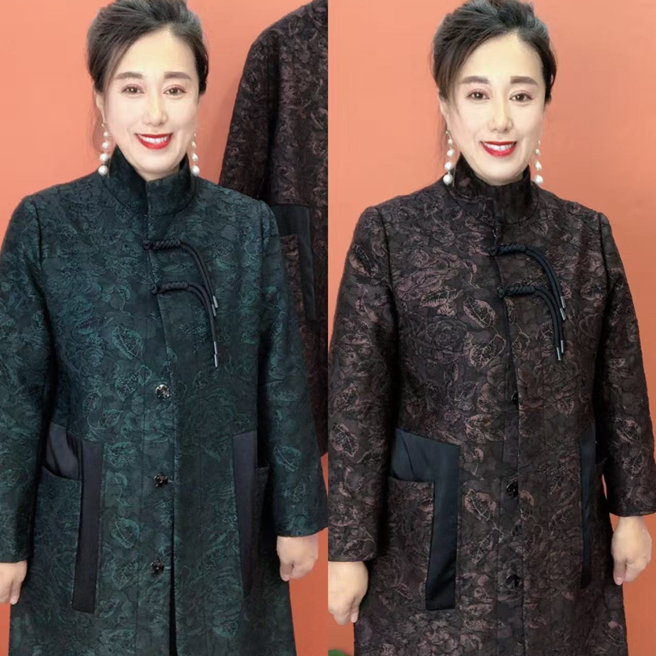 夫立领提花加衬里流苏设计宽松大码中老年风衣外套