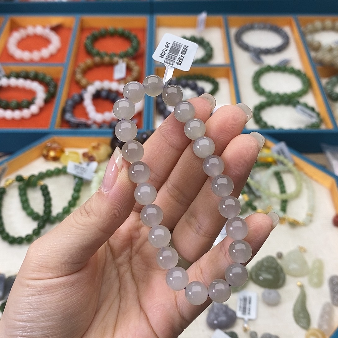 和田玉未镶嵌手链w27冰烟紫猫眼8mm