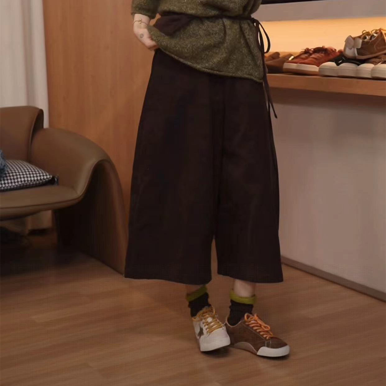 慵懒风秋冬新款小众设计感宽松软糯阔腿裤中裤八分休闲裤子