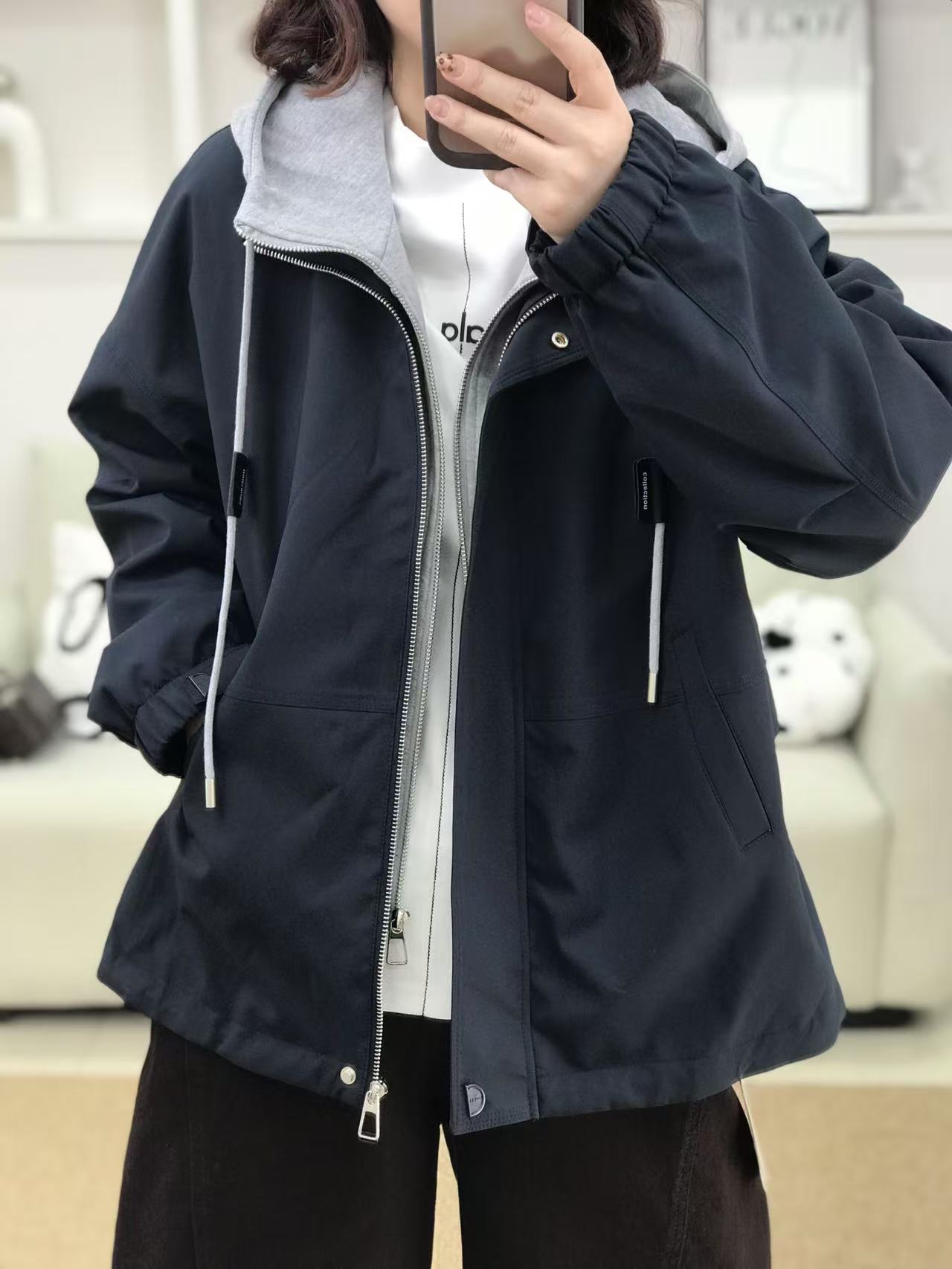 {莹莹推荐}姬668116秋季大码女装卫衣帽衫拼接风衣外套