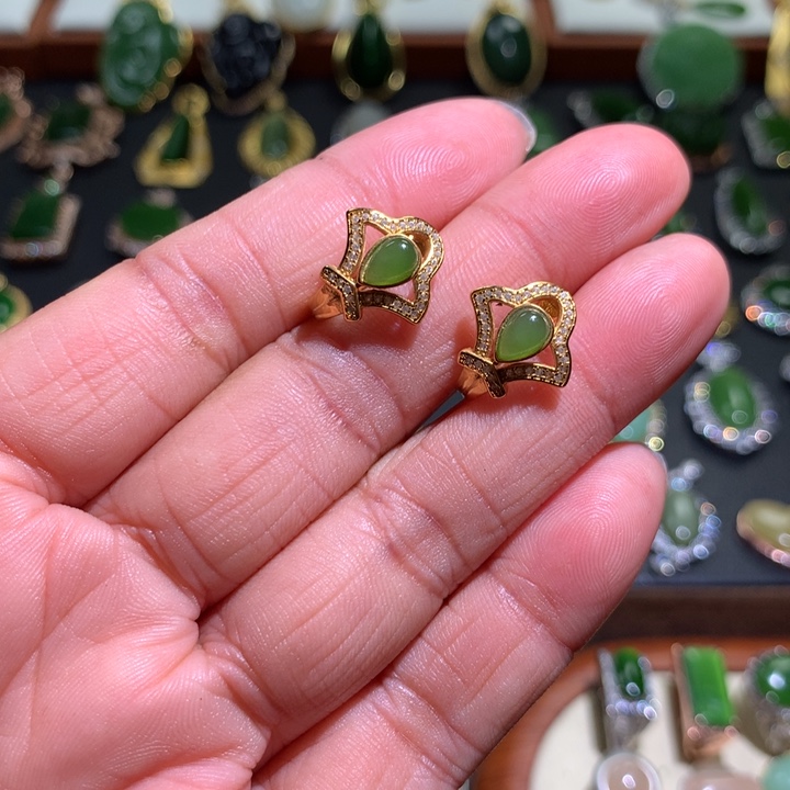 和田玉耳扣银S925镶嵌