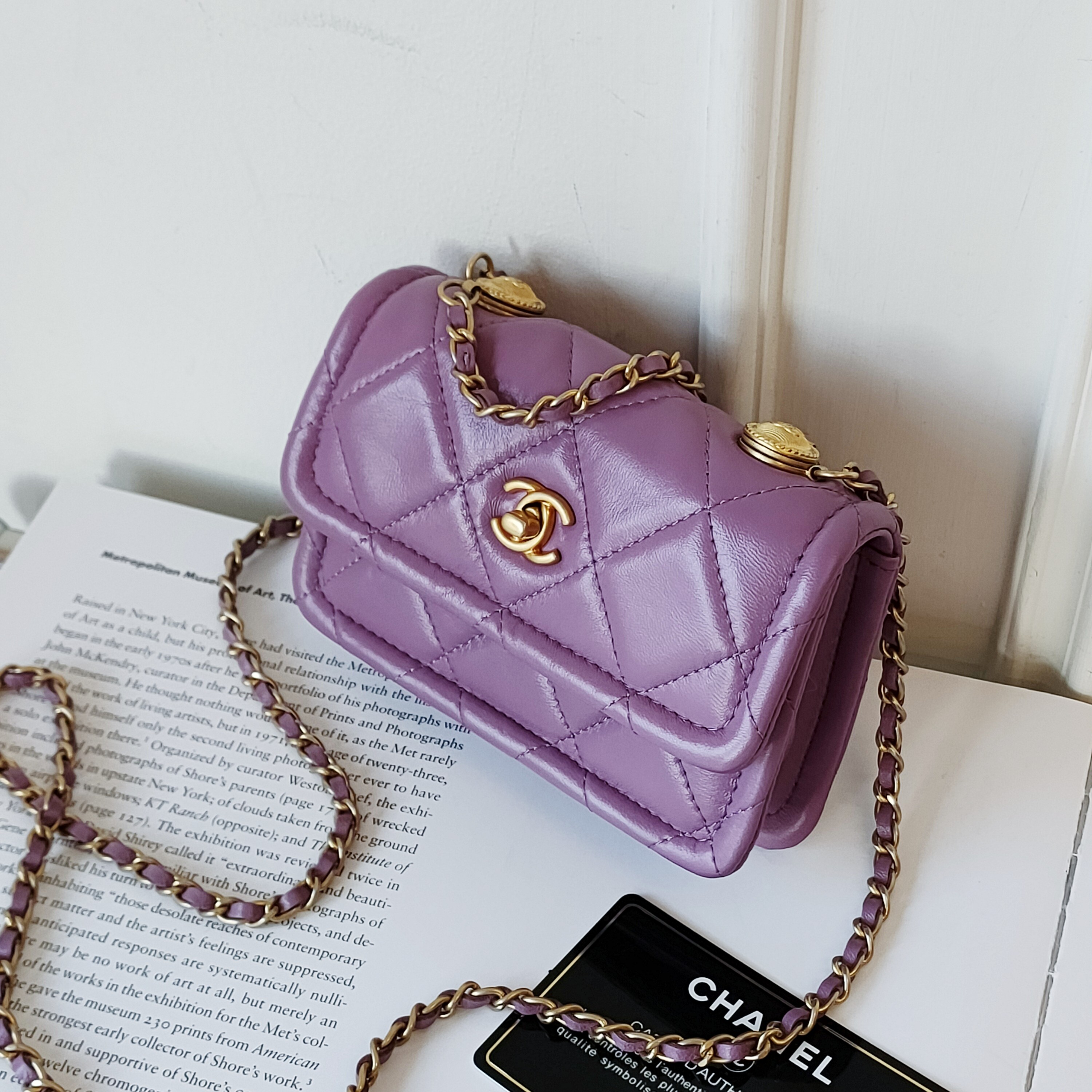 95新 Chanel/香奈儿 【24期免息】紫色羊皮金币mini豆腐斜挎包49597