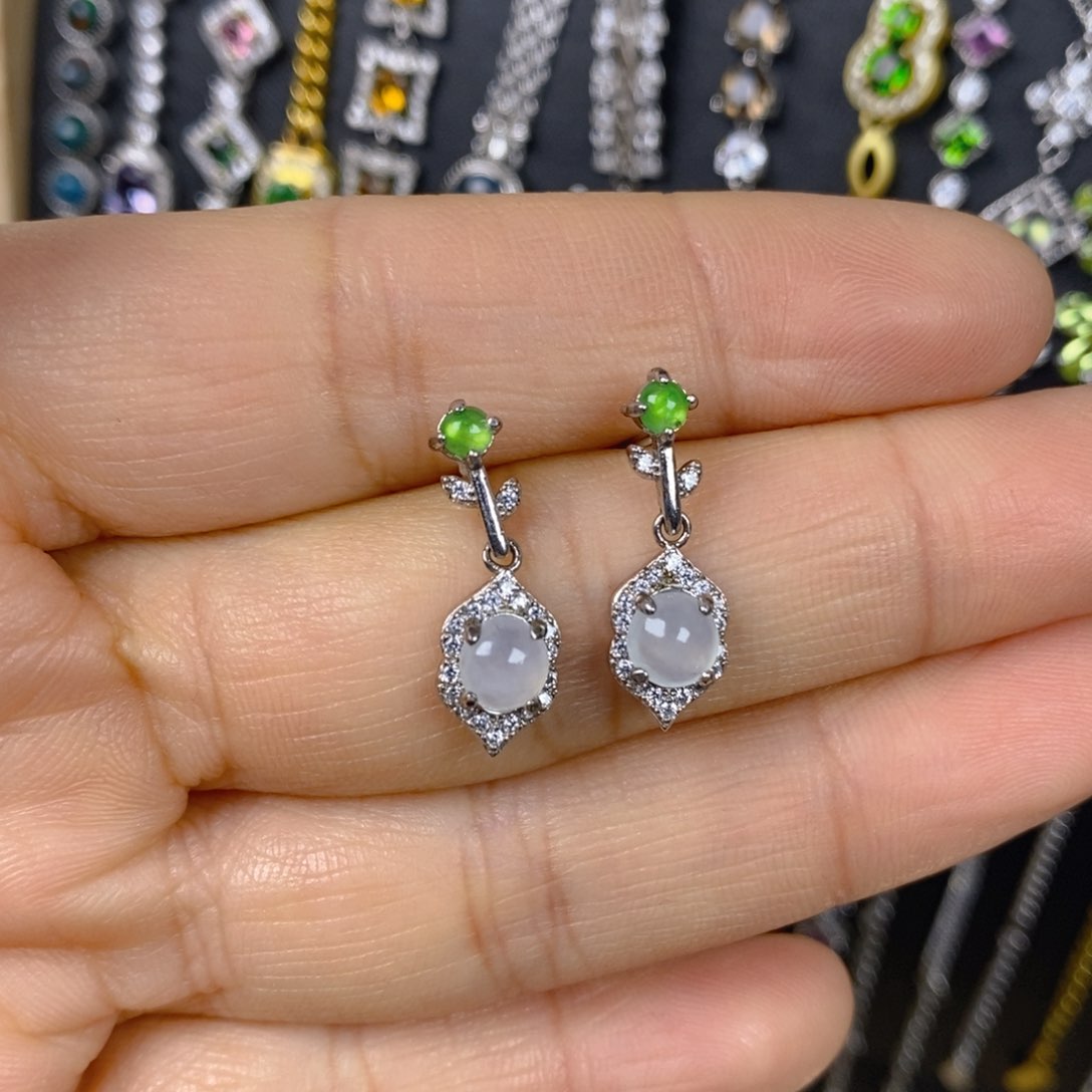 翡翠耳饰银S925镶嵌叶子