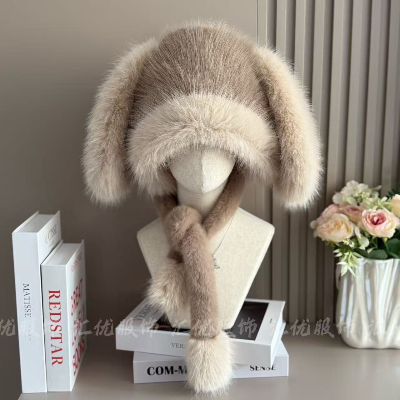 【汇优】冬日仿狐狸毛可爱垂耳兔毛绒帽子围巾一体帽保暖防寒护耳帽