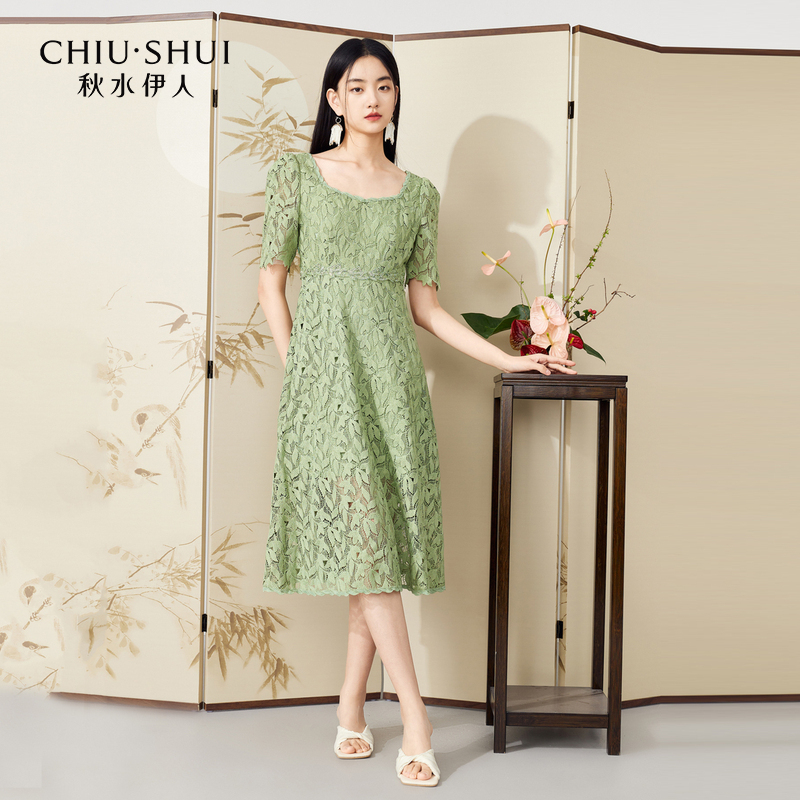 【陈大可】秋水伊人方领泡泡袖蕾丝设计感连衣裙2023年夏季新款女装