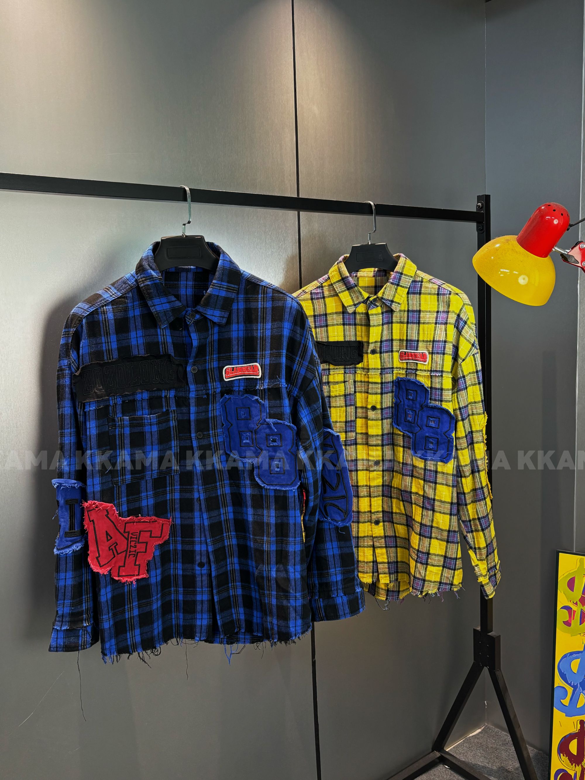 【蓝黄贴布】重磅潮牌男女百搭宽松休闲韩系ins风polo格子衬衫
